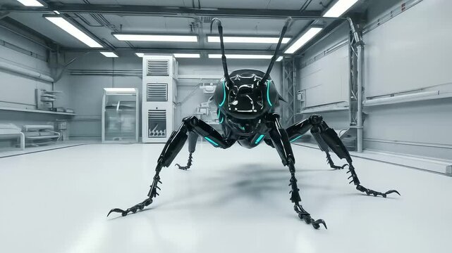 Futuristic robotic insect in a high-tech lab environment, showcasing advanced design and technology