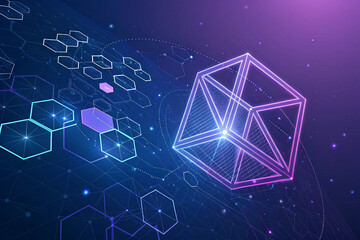 Abstract geometric shapes and glowing cube on a dark futuristic background