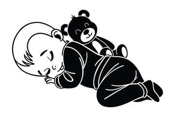 Fototapeta premium Sleeping Baby Silhouette Hugging Teddy Bear Under Moon and Stars