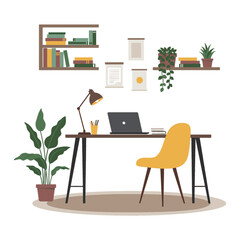 Home office with yellow chair, laptop desk and leafy plants