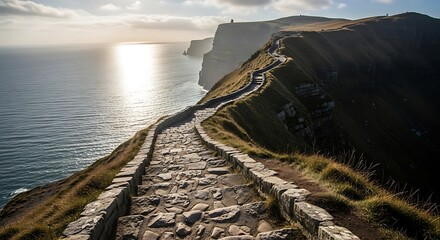 A stone pathway leads along a cliff edge with the ocean and distant cliffs in the background on a sunny day