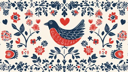 Decorative floral border with a robin bird design, featuring stylized flowers, leaves, and hearts in red and navy blue on a cream background.