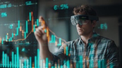 Financial analyst wearing AR glasses interacting with virtual stock data and 3D holographic financial dashboard, futuristic fintech technology and market interface
