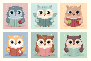 Cute Cartoon Owls Reading Books in Colorful Background Squares
