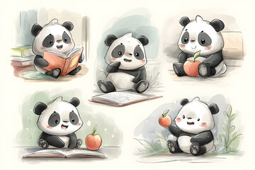 Fototapeta premium Adorable Panda Characters Enjoying Books and Apples in Various Poses