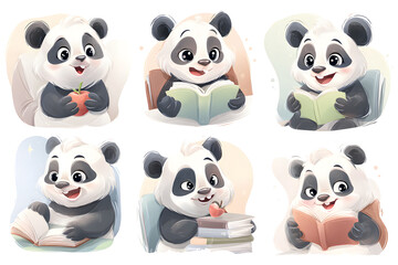 Fototapeta premium Charming Panda Characters Engaged in Reading Activities with Books