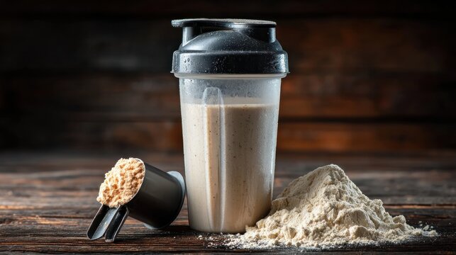 Protein shake ingredients on rustic wood