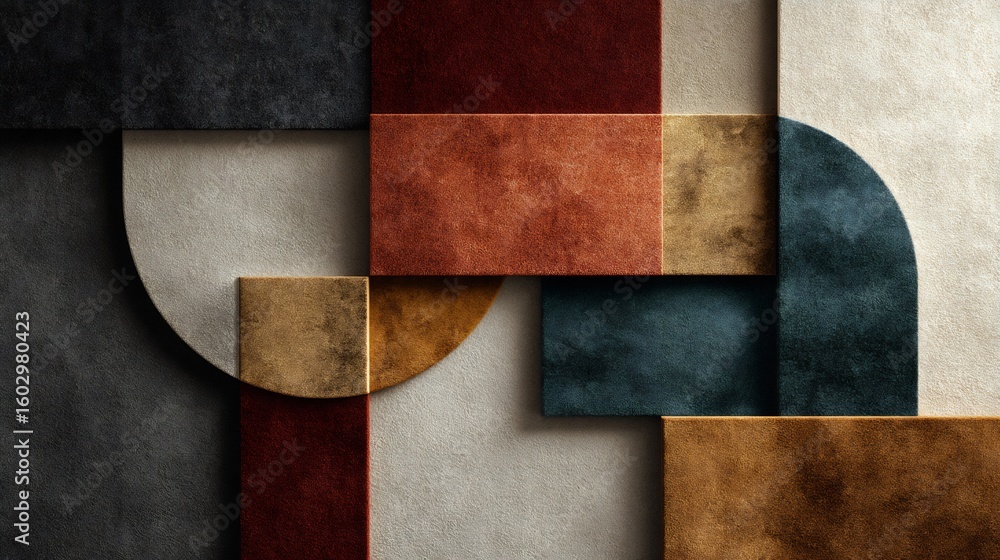 Poster abstract geometric composition featuring interlocking shapes and contrasting textures