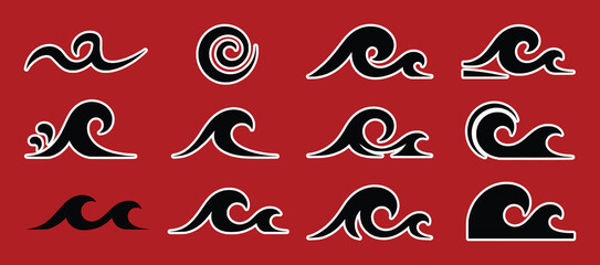 Diverse black wave designs with white outlines on a red background water ocean