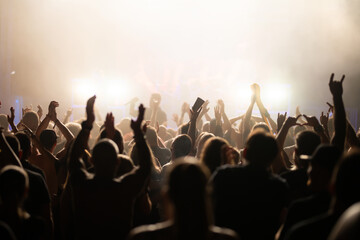 Crowd at concert and blurred stage lights.