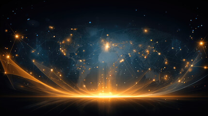 Futuristic World Map Composed of Glowing Data Points, Lines & Orange Flare