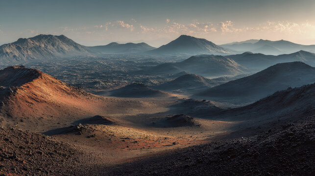 The terrain reveals the aftermath of a volcanic eruption, where black ash blankets the ground, long shadows stretch across lava rocks, and craters emit smoke in the dimming light of evening - Powered by Adobe