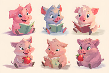 Cheerful Cartoon Pigs Reading Books and Enjoying Apples Together