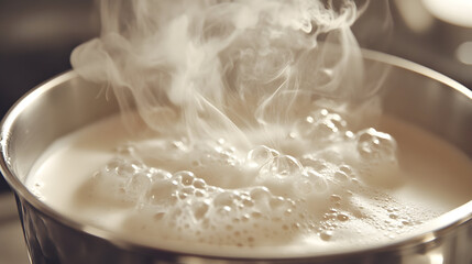 Boiling milk in pot with rising steam