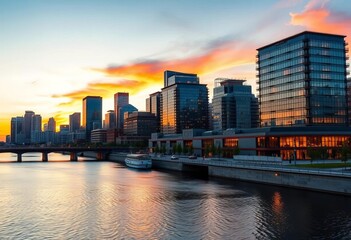 Naklejka premium Kitchener's downtown skyline at sunset, showcasing modern and historic architecture, horizon, aerial view