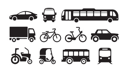 Set of vector silhouettes of different road transport icons. Modern transportation icons set featuring vehicles and modes of travel