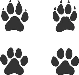 Set silhouettes of animal paw print isolated on transparent background. Vector illustrations