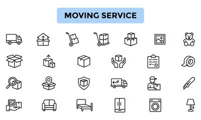 Moving Service Line Icon Pack &ndash; Unique Icons for Relocation, Packing, Transport, and Logistics