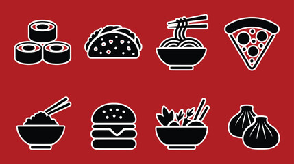 Diverse food icons featuring sushi tacos noodles pizza burger rice dumplings vector silhouette
