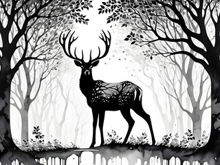 A majestic stag stands amidst an ethereal forest, rendered in stark black and white.