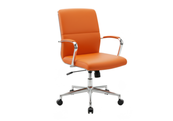 Orange leather office chair with chrome armrests and base isolated on transparent background