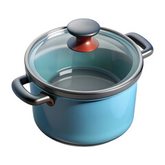 3d blue cooking pot with glass lid isolated on transparent background