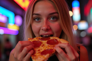 Close-Up Portrait of Young Girl Enjoying Pizza with Street Night View Background