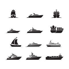 Set of vector silhouettes of different sea or river transport icons. Modern transportation icons set featuring various vehicles and modes of travel