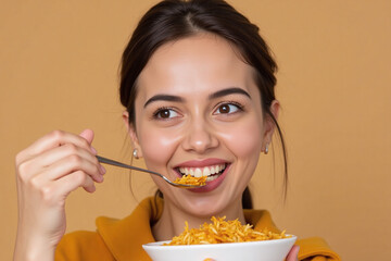 Close-Up Portrait of Young Girl Eating Biryani – Plain Background Stock Image