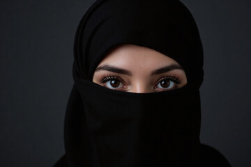 Close-Up Portrait of Young Arab Woman in Black Abaya and Niqab