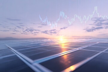 Solar panels at sunset with financial data overlaid