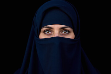 Close-Up Portrait of Arab Woman in Dark Blue Abaya and Niqab – Elegant Traditional Look