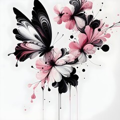 A dynamic and artistic illustration of a butterfly and flowers, rendered with a fluid, abstract style.