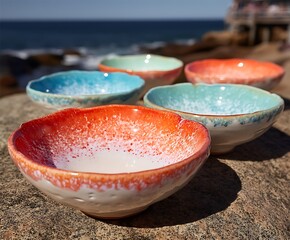 the photo showcases a collection of five handmade ceramic bowls arranged on a textured rock surface, with a blurred ocean backdrop under a clear sky