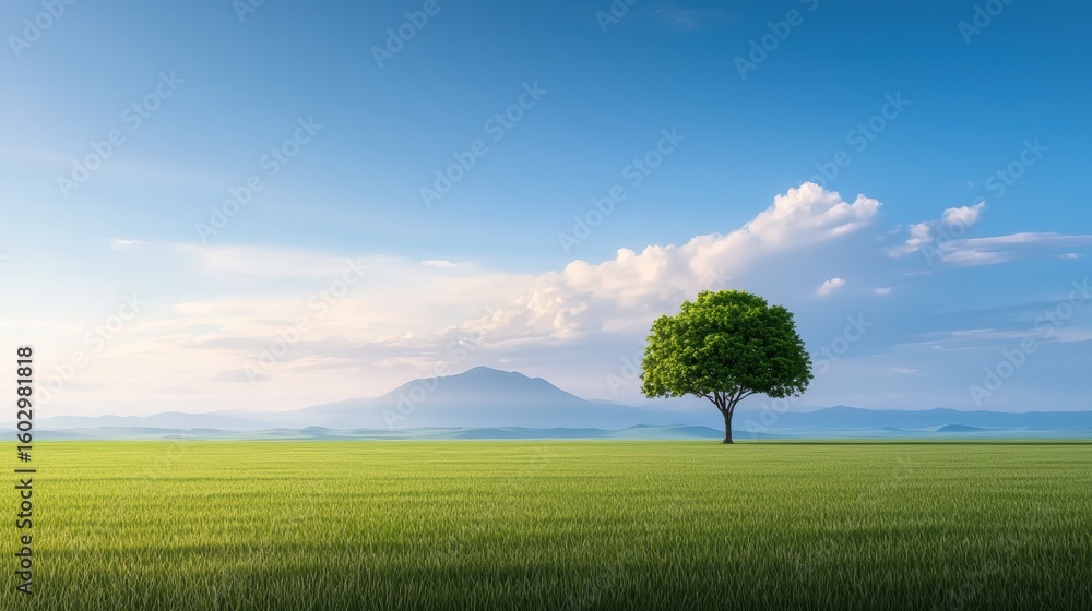 Poster quiet single tree in a vast open field under soft morning light.