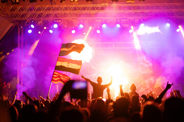 Crowd at concert and blurred stage lights.