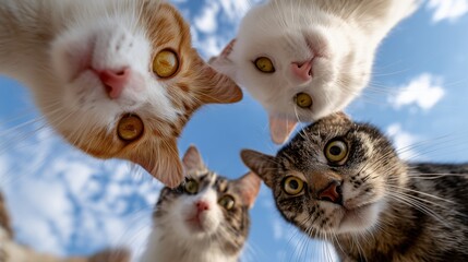 Fototapeta premium cats looking down into the camera Wide-angle shot 