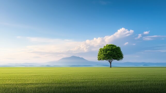 Quiet Single tree in a vast open field under soft morning light.