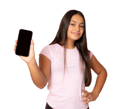 Young beautiful young girl with long hair holding blank screen mobile phone over transparent background