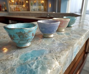 in a bar setting, the focus is on a series of small bowls or cups set atop a light colored, patterned bar surface