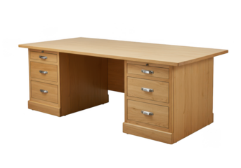 Wooden office desk with drawers and metal handles isolated on transparent background
