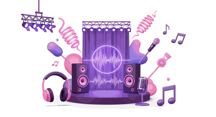 Purple stage with speakers microphones headphones and music notes creating a vibrant musical scene design