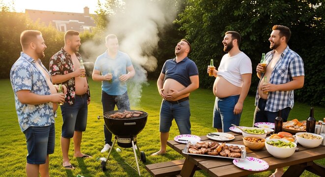 A group of middle-aged men with large bellies, laughing and having a great time together at a sunny, outdoor backyard barbecue.