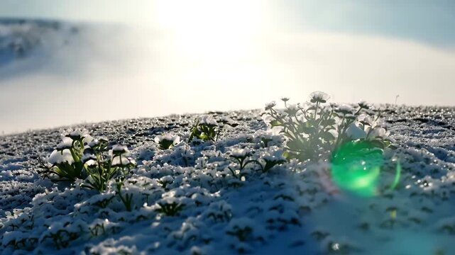 a snow-covered hill with blooming hellebore flowers pushing through frost, cinematic winter lighting