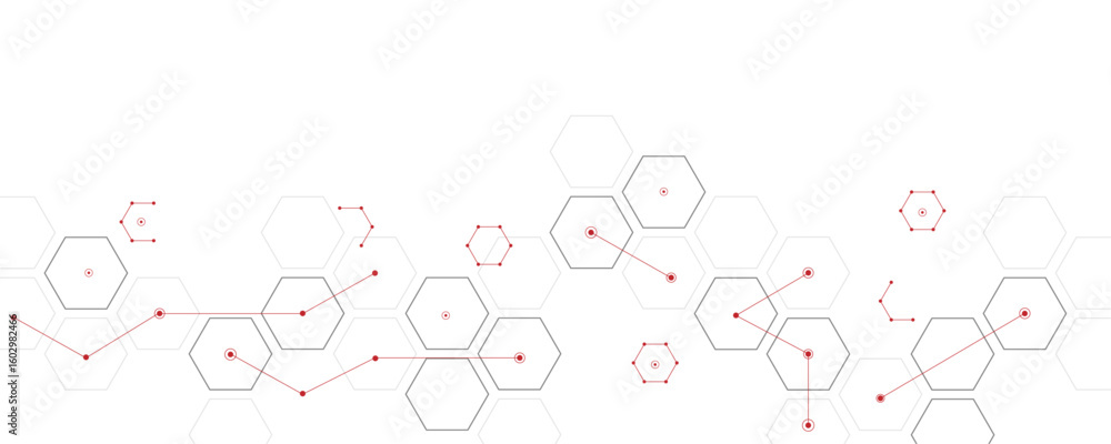 Poster abstract gray and red color geometric hexagon pattern. creative medical science and technology backg