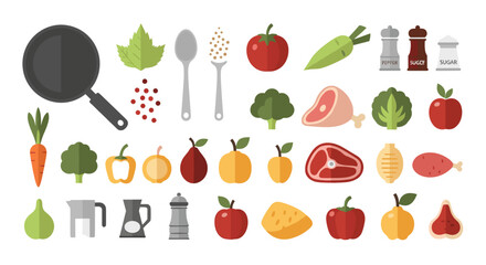 Assortment of cooking ingredients including fruits vegetables meats and kitchen utensils arranged neatly