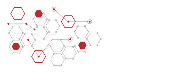 Abstract gray and red color geometric hexagon pattern. Creative medical science and technology background design.
