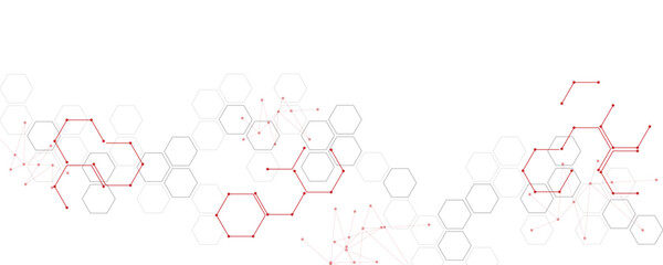 Abstract gray and red color geometric hexagon pattern. Creative medical science and technology background design.