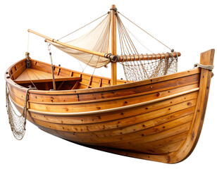 Rustic Wooden Fishing Boat with Oars and Nets, Side Profile View, Transparent Background