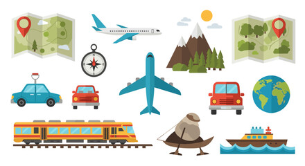 Naklejka premium Collection of travel icons including airplanes, cars, trains, boats, maps, and a compass illustration